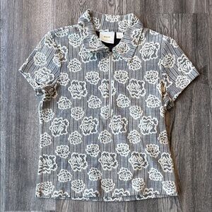 Maeve Sweater Floral Jacquard Zip-Up Polo Sweater Short Sleeve Medium